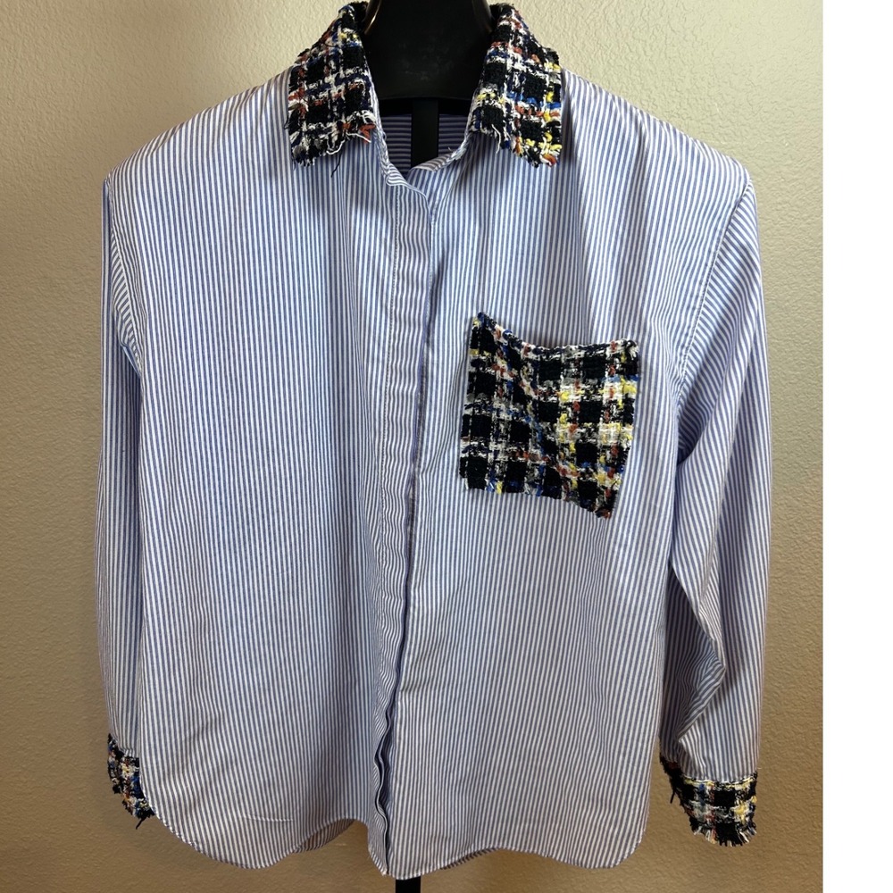 Zara Womens Blue White Striped Button Down Shirt Tweed Trim Collar Cuffs Size M